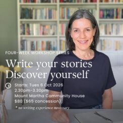 Kate James in front of a bookcase with text about writing your life stories